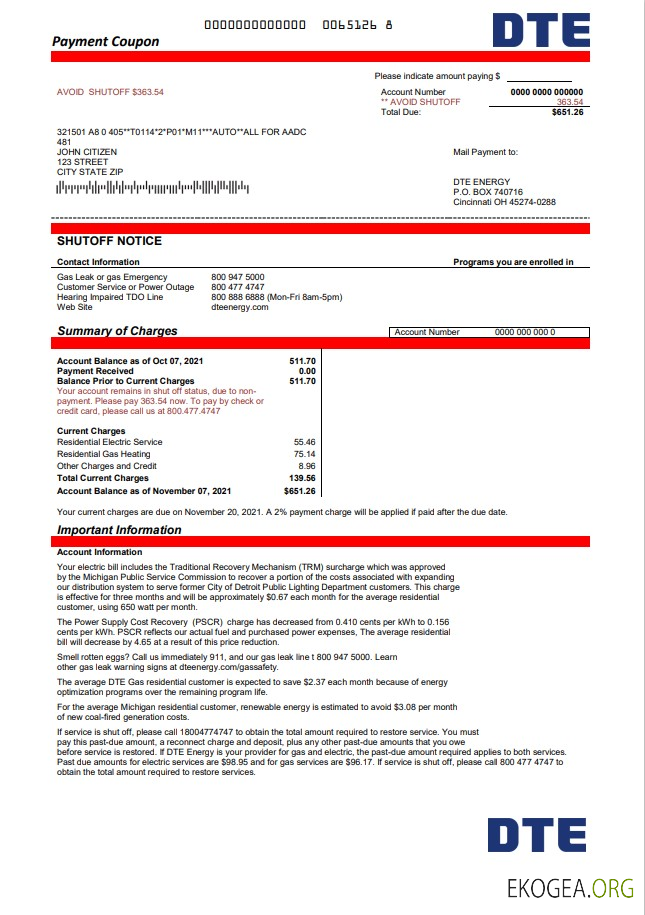 USA Michigan DTE Energy utility bill template in Word and PDF format
